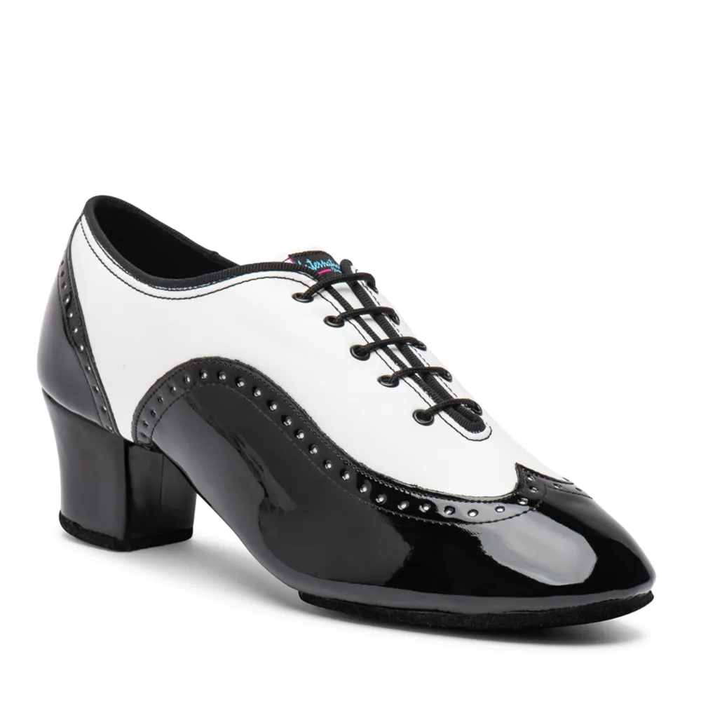 Vegan 'Bespoke' Brogue - Black Patent and White, Animal Free Full Sole Mens Latin Dance Shoes (Pictured on the 2" Spanish Heel)