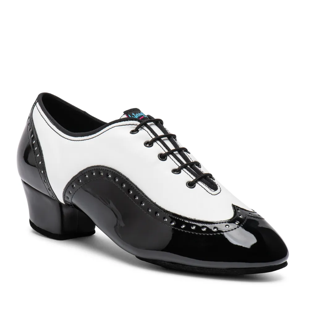 Vegan 'Bespoke' Brogue Split - Black Patent and White, Animal Free Mens Split Sole Latin Dance Shoes (Pictured on the 1.5" Spanish Heel)