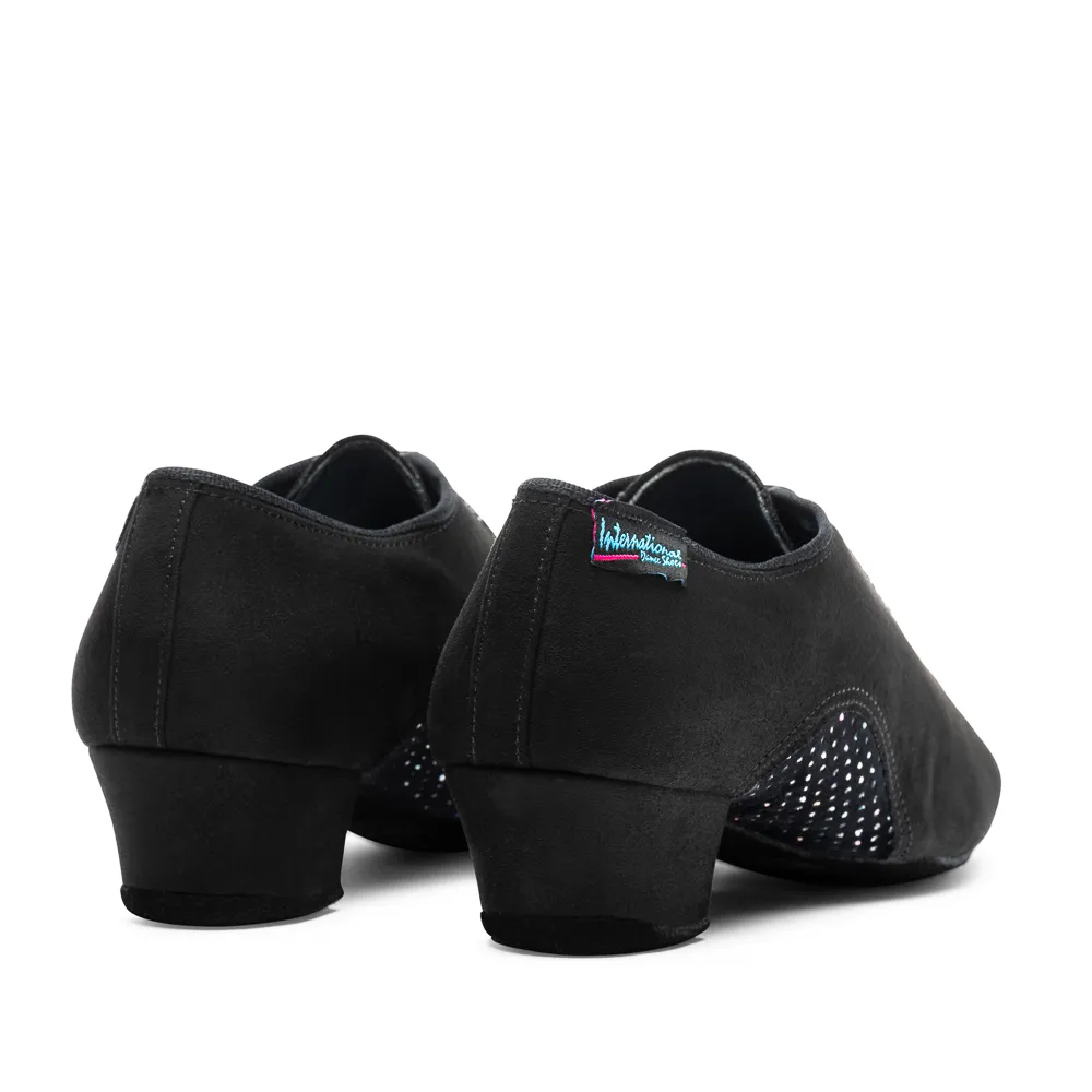 VEGAN Artiste SS - Black Nubuck/Silver Hologram, Animal Free Split Sole Ladies Teaching and Practice Dance Shoes (Pictured on the 1.5" Heather Heel)