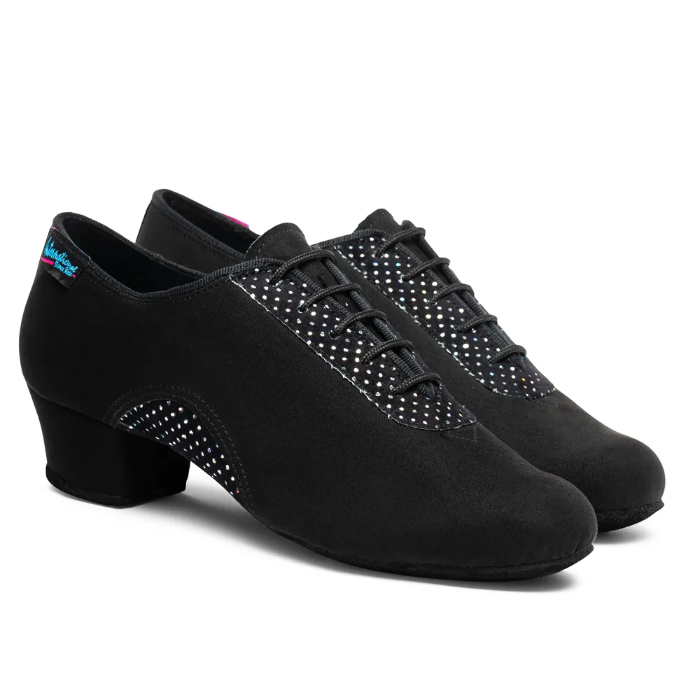 VEGAN Artiste SS - Black Nubuck/Silver Hologram, Animal Free Split Sole Ladies Teaching and Practice Dance Shoes (Pictured on the 1.5" Heather Heel)