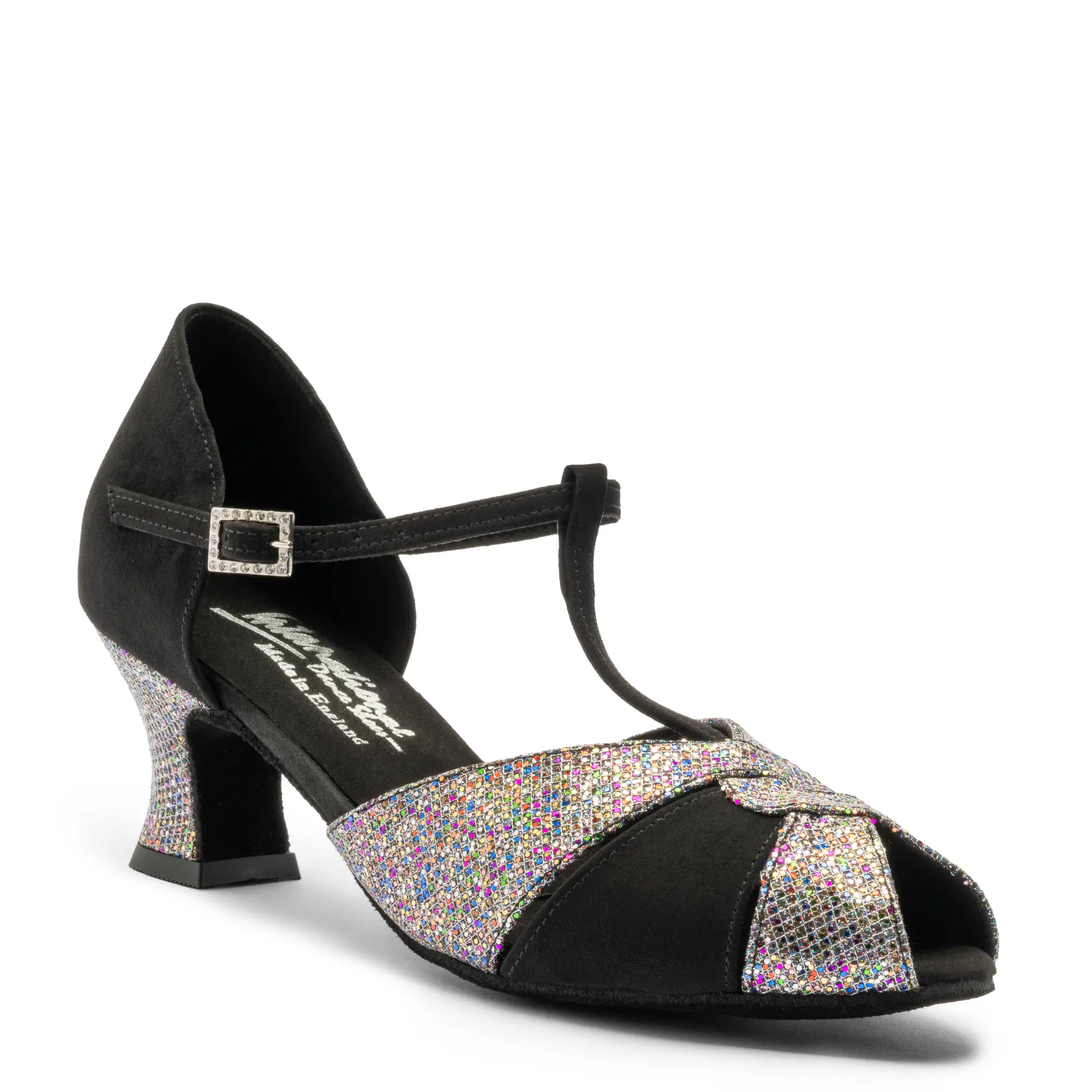 Vegan 2002 - Black Nubuck/Multi Glitter, Animal Free Ladies Comfort Fit Social Ballroom and Latin Dance Shoes (Pictured on the 2" Teatro Heel)